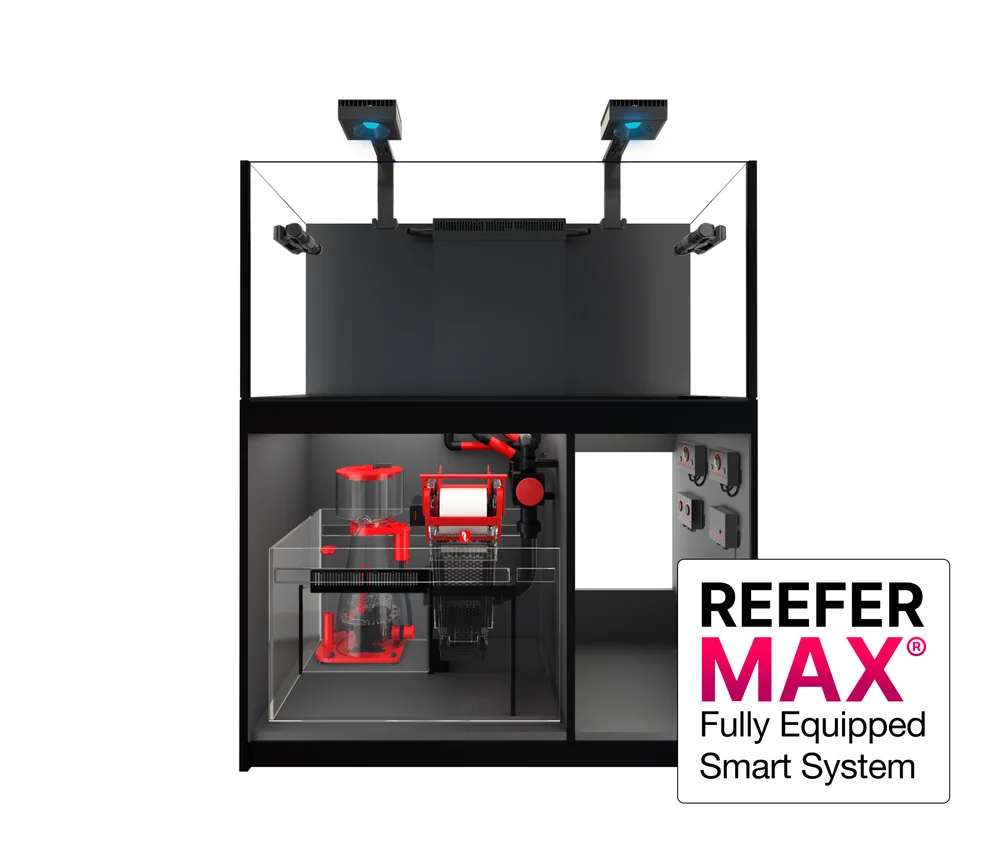 ตู้ REEFER สีดำ พร้อมอุปกรณ์อัจฉริยะครบชุด — ไฟ ReefLED, สกิมเมอร์, ReefMat, ReefDose, ReefATO+, ReefControl
